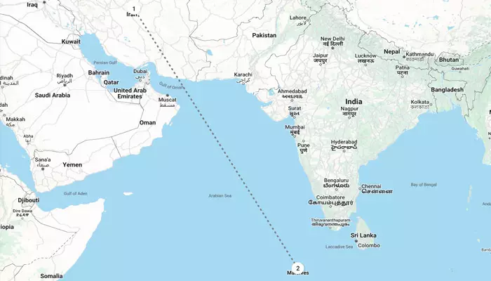 فاصله بین ایران تا مالدیو روی نقشه