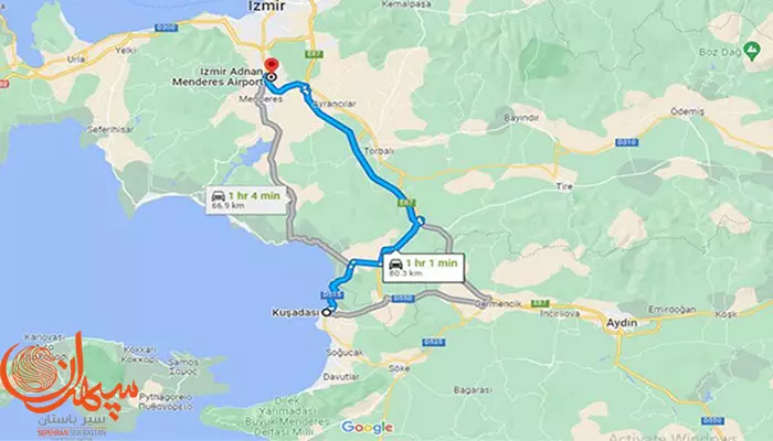 فاصله ی ازمیر تا کوشی آداسی روی نقشه